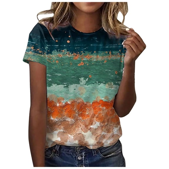 Dyegold Womens Summer Casual T-Shirts Round Neck Floral Printed Short Sleeve Graphic Tee Tops Loose Fitting Comfy Tunic Tops