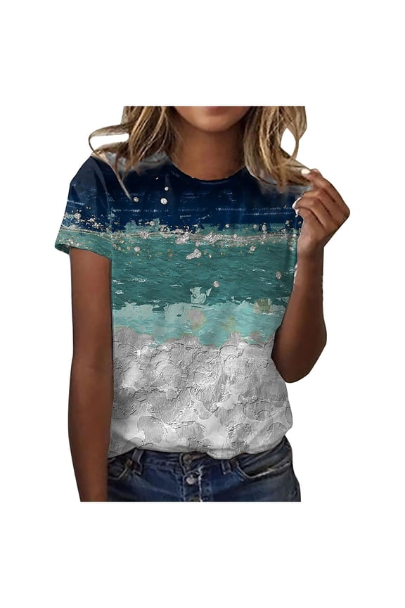 Dyegold Womens Summer Casual T-Shirts Round Neck Floral Printed Short Sleeve Graphic Tee Tops Loose Fitting Comfy Tunic Tops