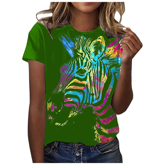 Dyegold Womens Summer Casual T-Shirts Round Neck Floral Printed Short Sleeve Graphic Tee Tops Loose Fitting Comfy Tunic Tops