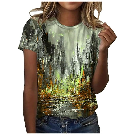 Dyegold Womens Summer Casual T-Shirts Round Neck Floral Printed Short Sleeve Graphic Tee Tops Loose Fitting Comfy Tunic Tops