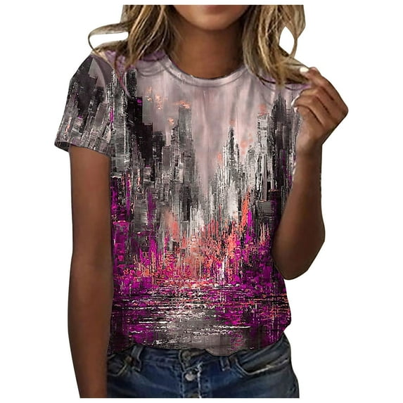 Dyegold Womens Summer Casual T-Shirts Round Neck Floral Printed Short Sleeve Graphic Tee Tops Loose Fitting Comfy Tunic Tops