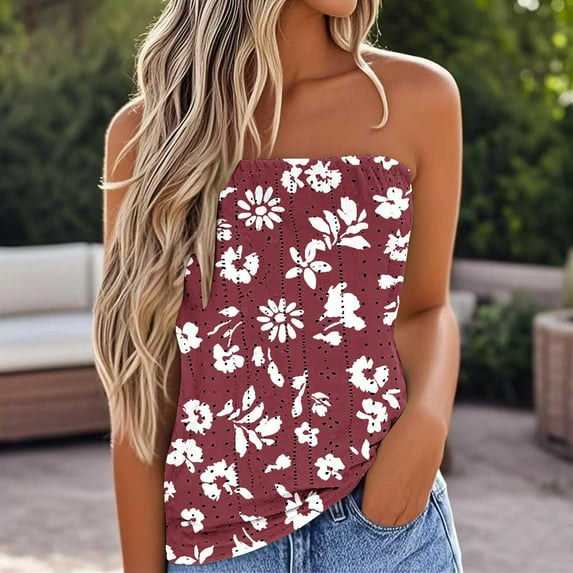 Dyegold Womens Summer Tops Trendy Off Shoulder Pleated Flowy Swing Strapless Bandeau T Shirts for Women Sleeveless Blouses Tops Dressy Striped Tube Top Tunic Plus Size Shirts for Women