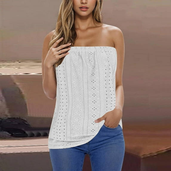 Dyegold Womens Summer Tops Trendy Off Shoulder Pleated Flowy Swing Strapless Bandeau T Shirts for Women Sleeveless Blouses Tops Dressy Striped Tube Top Tunic Plus Size Shirts for Women