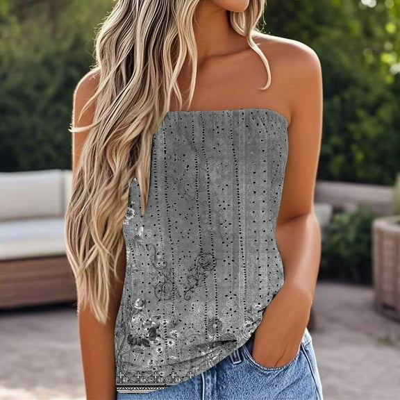 Dyegold Womens Summer Tops Trendy Off Shoulder Pleated Flowy Swing Strapless Bandeau T Shirts for Women Sleeveless Blouses Tops Dressy Striped Tube Top Tunic Plus Size Shirts for Women