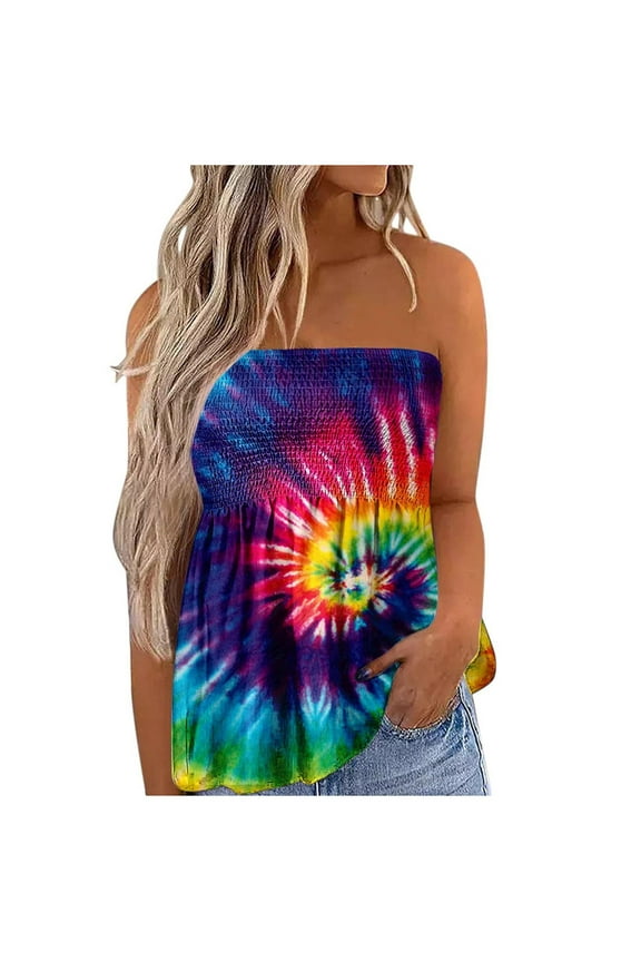 Dyegold Womens Summer Tops Trendy Off Shoulder Pleated Flowy Swing Strapless Bandeau T Shirts for Women Sleeveless Blouses Tops Dressy Striped Tube Top Tunic Plus Size Shirts for Women