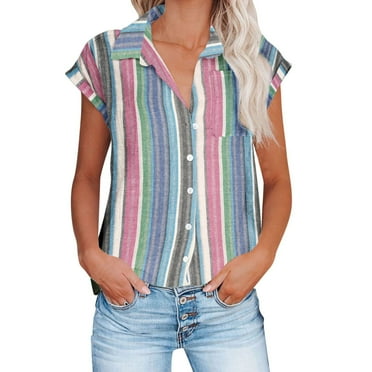 Dyegold Womens Summer Tops,Women's Fashionable Striped Single Breasted Lapel Print Tunic Tops Button Short Sleeved T-shirt,Soft Comfortable Stylish Design Lightweight Flash Deals