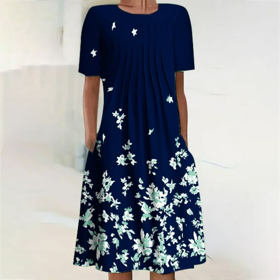 Dyegold Womens Sundresses Summer Casual Boho Pleated Knee Length Swing Aline Midi Party Beach Dress Floral Print Short Sleeve Sun dresses for Women Plus Crewneck Dresses Vacation