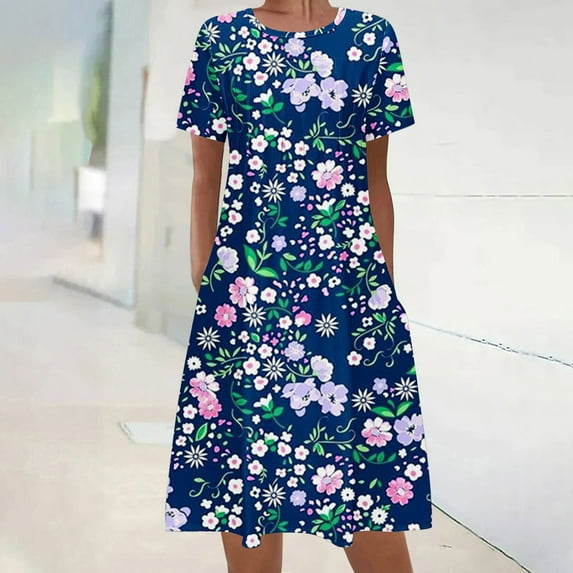 Dyegold Womens Sundresses Summer Casual Boho Pleated Knee Length Swing Aline Midi Party Beach Dress Floral Print Short Sleeve Sun dresses for Women Plus Crewneck Dresses Vacation