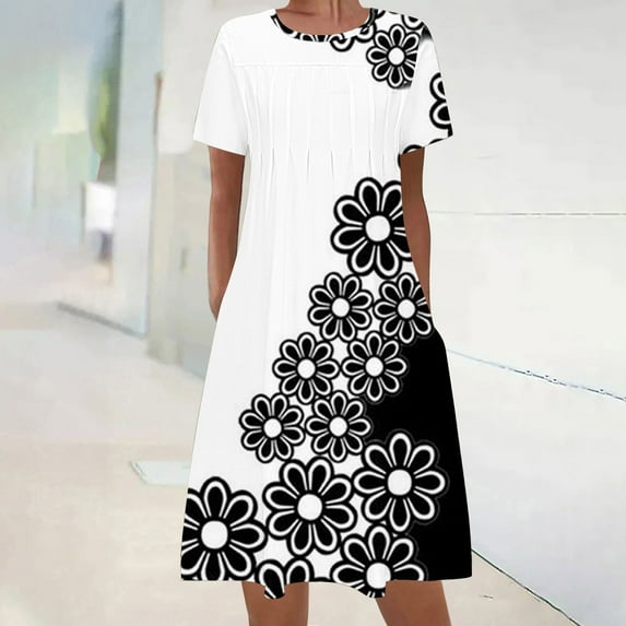 Dyegold Womens Sundresses Summer Casual Boho Pleated Knee Length Swing Aline Midi Party Beach Dress Floral Print Short Sleeve Sun dresses for Women Plus Crewneck Dresses Vacation