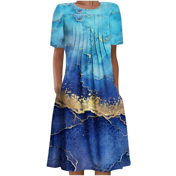 Dyegold Womens Sundresses Summer Casual Boho Pleated Knee Length Swing Aline Midi Party Beach Dress Floral Print Short Sleeve Sun dresses for Women Plus Crewneck Dresses Vacation