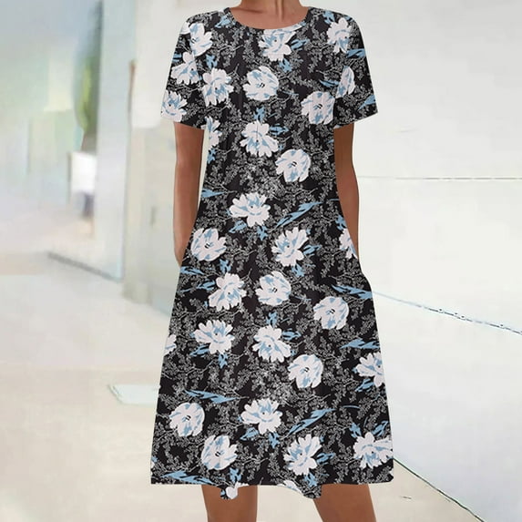 Dyegold Womens Sundresses Summer Casual Boho Pleated Knee Length Swing Aline Midi Party Beach Dress Floral Print Short Sleeve Sun dresses for Women Plus Crewneck Dresses Vacation