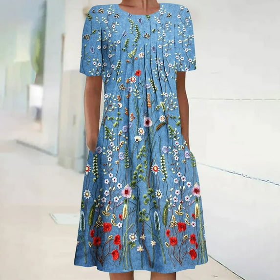 Dyegold Womens Sundresses Summer Casual Boho Pleated Knee Length Swing Aline Midi Party Beach Dress Floral Print Short Sleeve Sun dresses for Women Plus Crewneck Dresses Vacation