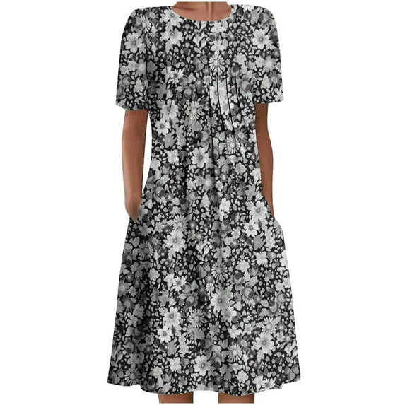 Dyegold Womens Sundresses Summer Casual Boho Pleated Knee Length Swing Aline Midi Party Beach Dress Floral Print Short Sleeve Sun dresses for Women Plus Crewneck Dresses Vacation