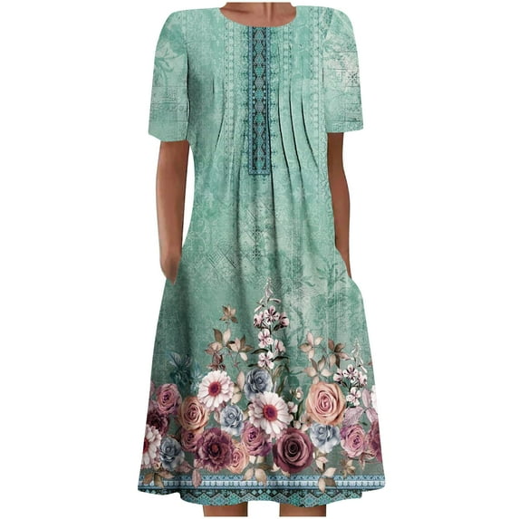 Dyegold Womens Sundresses Summer Casual Boho Pleated Knee Length Swing Aline Midi Party Beach Dress Floral Print Short Sleeve Sun dresses for Women Plus Crewneck Dresses Vacation
