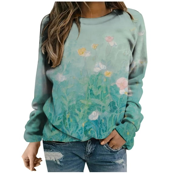 Dyegold Womens Sweatshirts Trendy Deals Casual Workout Y2k Comfy Jacket Teen Girls Oversized Floral Printed Shirts Winter Graphic Tops Fleece Vintage Sweatshirt Western Plus Size Hoodie Sweater