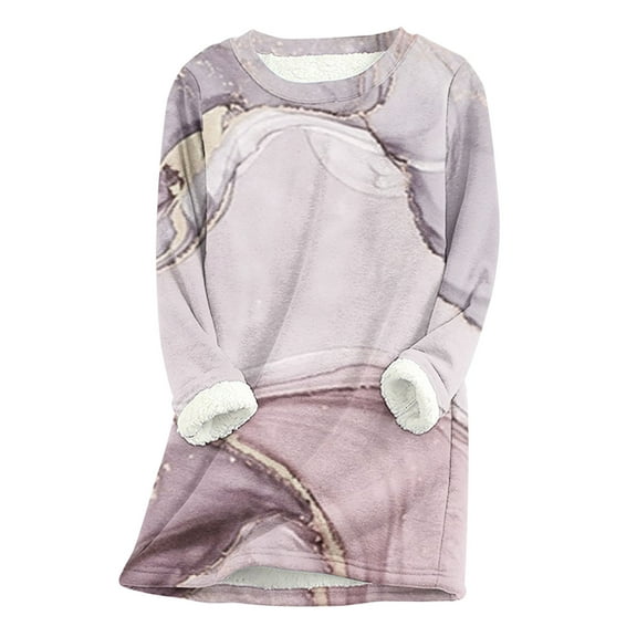 Dyegold Womens Thermal Tops Fall Ladies Fleece Vintage Winter Tops Sherpa Lined Thick Casual Warm Loungewear Crewneck Teen Girls Sweatshirt Shirts Pullover Marble Print Undershirt Tops