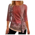 thumbnail image 1 of Dyegold Womens Tops 3/4 Length Sleeves Boho Western Tops Vintage Floral Side Twist Knot Blouses Dressy Casual Fall Shirt Tee, 1 of 5