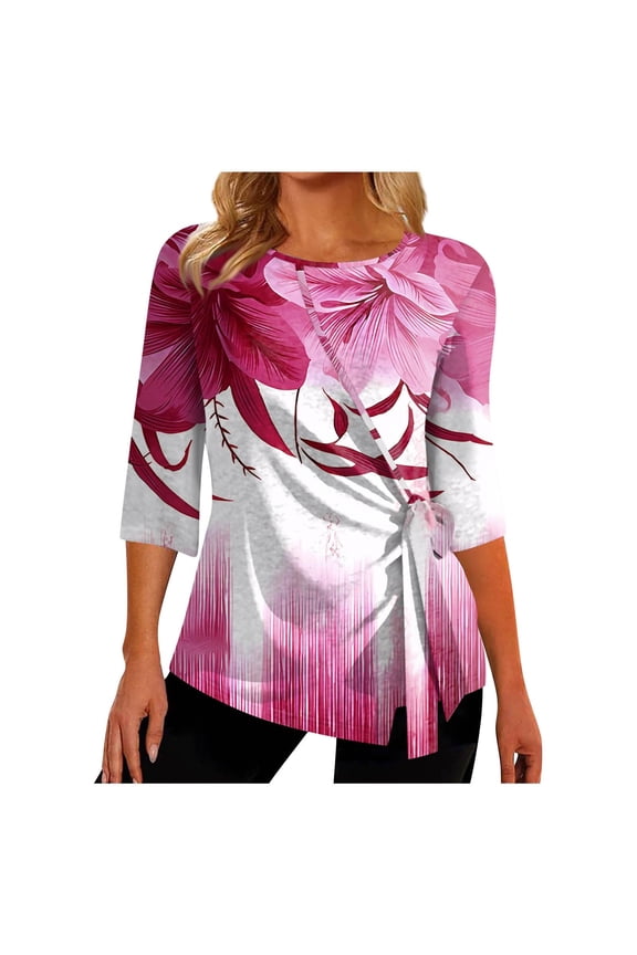 Dyegold Womens Tops 3/4 Length Sleeves Boho Western Tops Vintage Floral Side Twist Knot Blouses Dressy Casual Fall Shirt Tee
