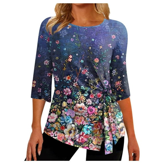 Dyegold Womens Tops 3/4 Length Sleeves Boho Western Tops Vintage Floral Side Twist Knot Blouses Dressy Casual Fall Shirt Tee
