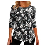 Dyegold Womens Tops 3/4 Length Sleeves Boho Western Tops Vintage Floral Side Twist Knot Blouses Dressy Casual Fall Shirt Tee