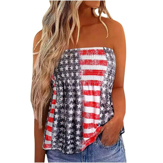 Dyegold Womens Tops Dressy Casual American Flag Tube Tops for Women Strapless Sleeveless Summer Tube 4th of July Stars Striped Crop Top Pleated Tank Blouse
