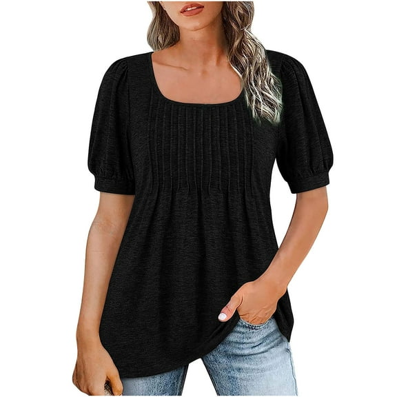 Dyegold Womens Tops Dressy Casual Summer Pleated Shirts For Women Summer Dressy Casual Empire Waist Tops Loose Fit Short Sleeve Square Neck Tunics Blouses