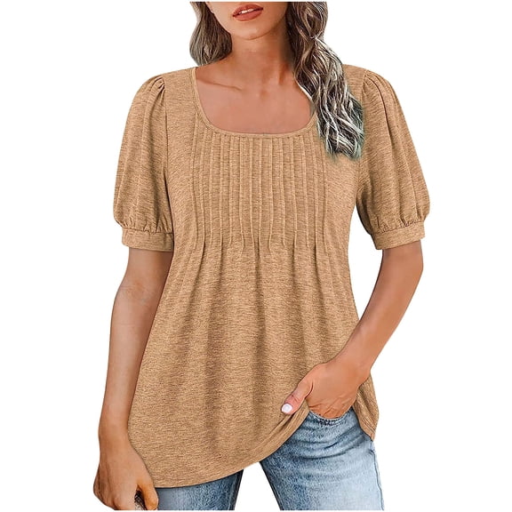 Dyegold Womens Tops Dressy Casual Summer Pleated Shirts For Women Summer Dressy Casual Empire Waist Tops Loose Fit Short Sleeve Square Neck Tunics Blouses