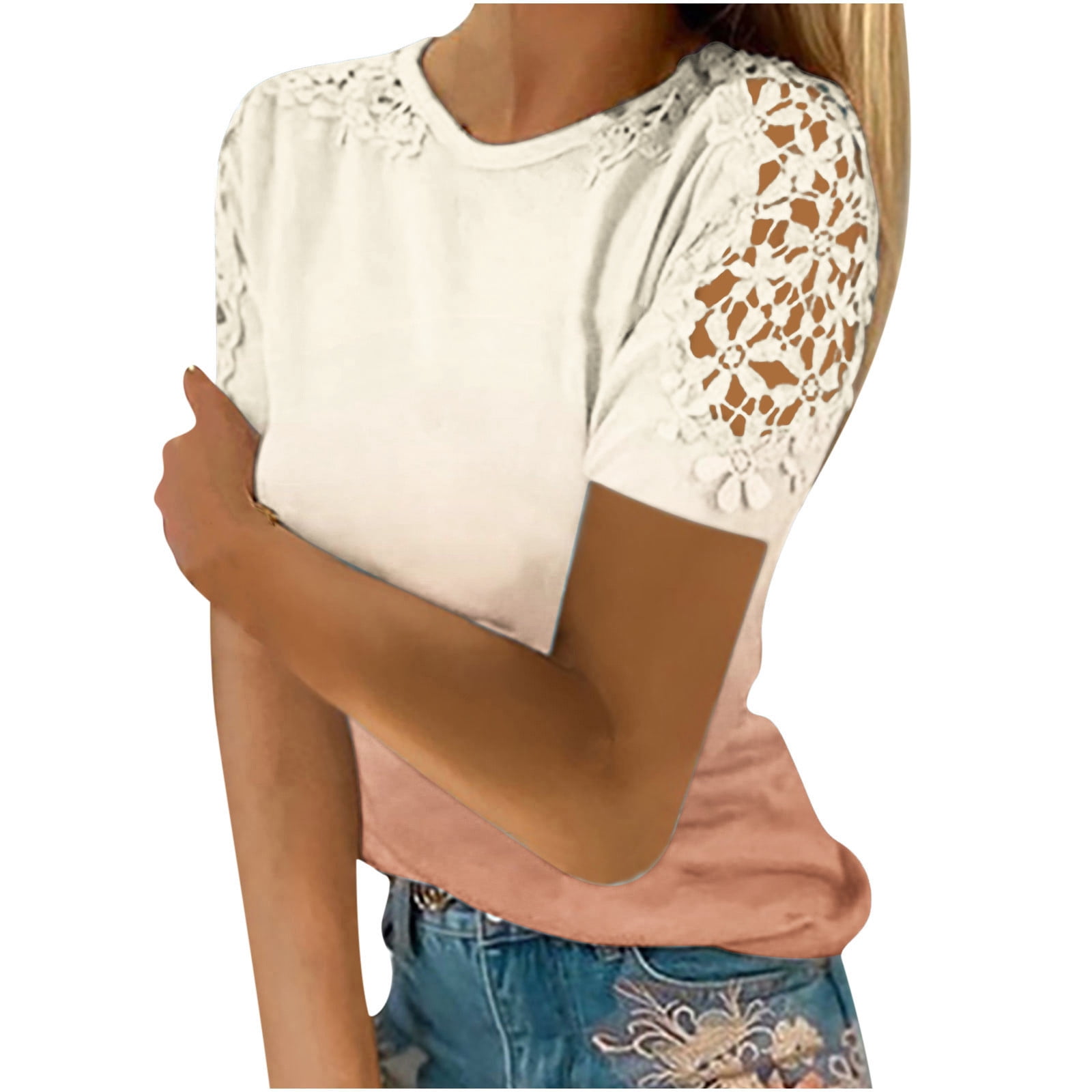 Women Casual Solid Summer Lacework Sleeve Drawstring Shirt