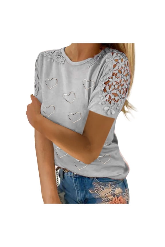 Dyegold Womens Tops Dressy Casual Summer Short Sleeve Lace Floral Shirts for Women Trendy Loose Patchwork Crewneck T-Shirts Blouses for Women Plus Tunic