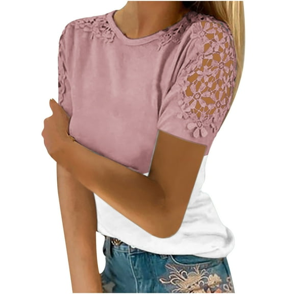 Dyegold Womens Tops Dressy Casual Summer Short Sleeve Lace Floral Shirts for Women Trendy Loose Patchwork Crewneck T-Shirts Blouses for Women Plus Tunic