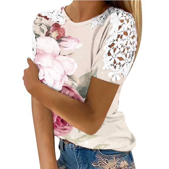 Dyegold Womens Tops Dressy Casual Summer Short Sleeve Lace Floral Shirts for Women Trendy Loose Patchwork Crewneck T-Shirts Blouses for Women Plus Tunic