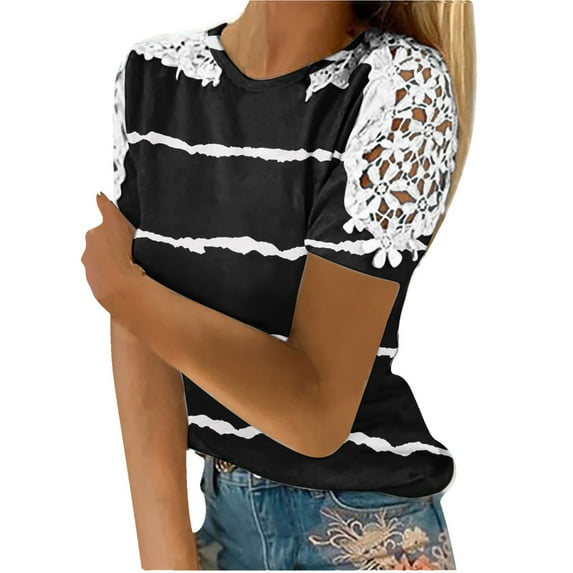 Dyegold Womens Tops Dressy Casual Summer Short Sleeve Lace Floral Shirts for Women Trendy Loose Patchwork Crewneck T-Shirts Blouses for Women Plus Tunic