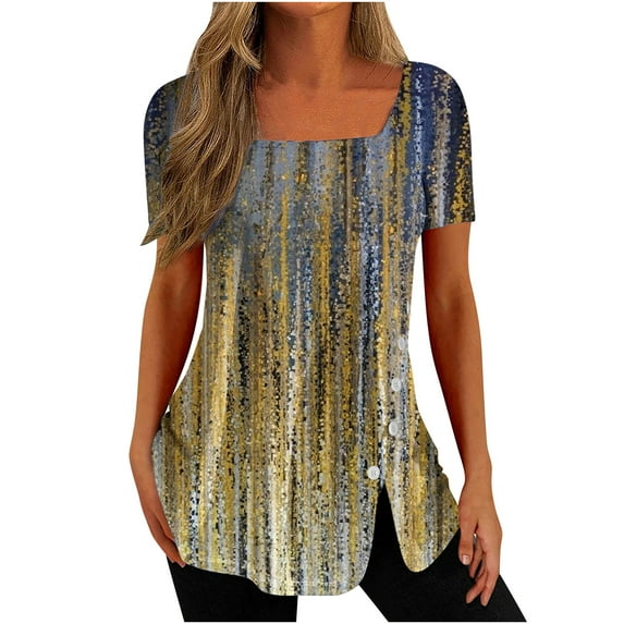 Dyegold Womens Tops Dressy Casual Summer Square Neck Tops For Women Summer Casual Vintage Side Slit Button Blouses Plus Size Loose Short Sleeve Tshirts Tunic