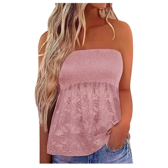 Dyegold Womens Tops Dressy Casual Summer Strapless Tube Tops for Women Butterfly Floral Sleeveless Casual Pleated Flowy Crop Tunic Blouses Shirt