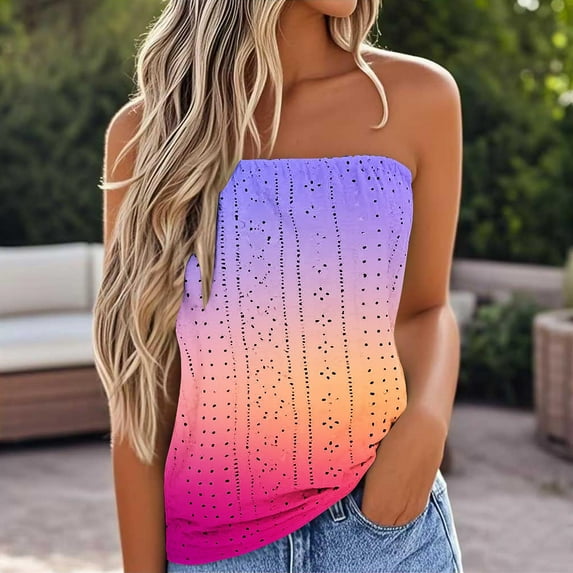 Dyegold Womens Tops Dressy Casual Summer Strapless Tube Tops for Women Butterfly Floral Sleeveless Casual Pleated Flowy Crop Tunic Blouses Shirt