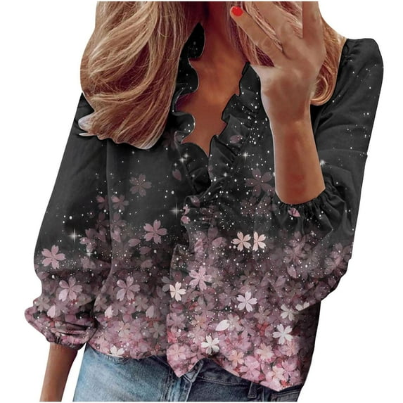 Dyegold Womens Tops Dressy Casual Womens Summer Tops Long Sleeve Fashion Floral Ruffle V Neck Blouses Plus Size Shirts for Work Business Casual T Shirts