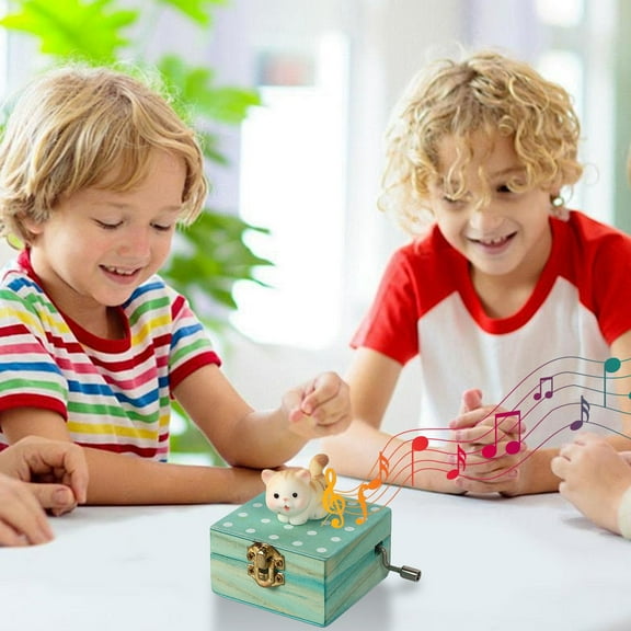 Dyegold Wooden Rotating Music Box Mini Animals Block with Cute Kitty Figurine for Holiday Birthday Gift Melodic Desktop Décor 2.6 Inch Compact Design