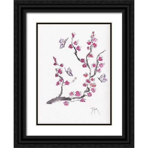 Dyer, Beverly 11x14 Black Ornate Wood Framed with Double Matting Museum Art Print Titled - Plum Blossom with Butterflies