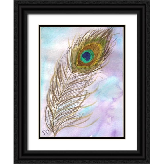 Dyer, Beverly 12x14 Black Ornate Wood Framed with Double Matting Museum Art Print Titled - Peacock Feather 1