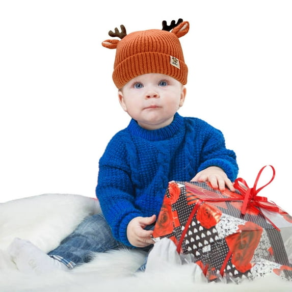 Dyfzdhu Baby Woolen Hats Antlers Christmas Children Knitted Warm Orange