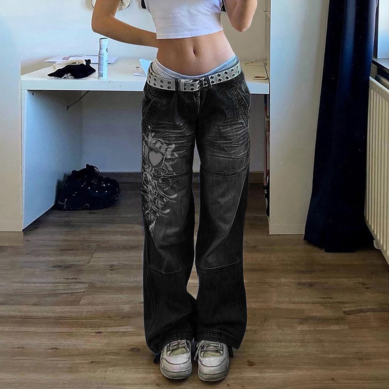 Dyfzdhu Baggy Jeans for Women Low Waisted Casual Flare Leg Dyfzdhu Baggy Jeans for Women Low Waisted Casual Flare Leg