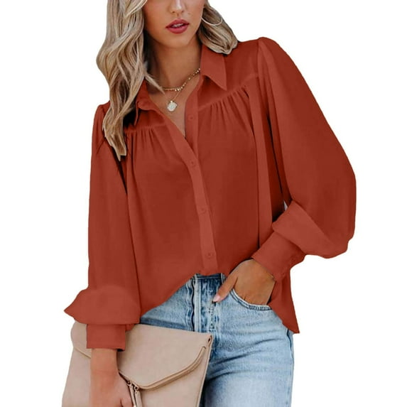 Dyfzdhu Blouses For Women Button Down Lantern Sleeve Pleated Solid Color Loose Fit Shirt Lapel Long Sleeve Tops Plus Size