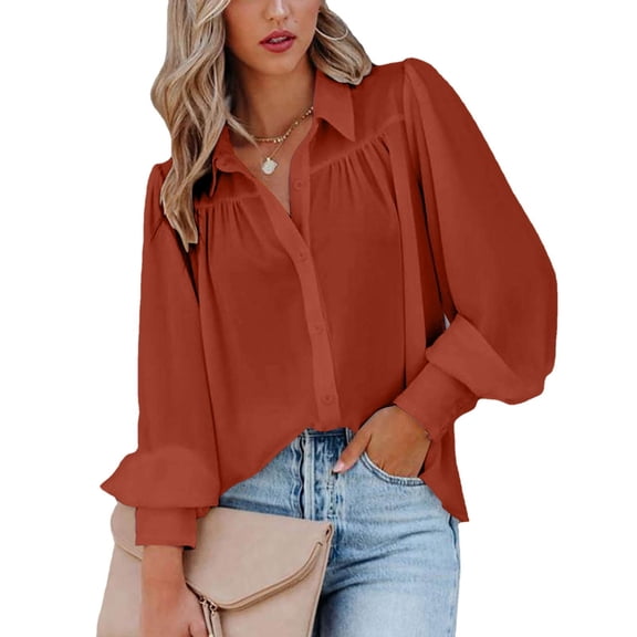 Dyfzdhu Blouses For Women Button Down Lantern Sleeve Pleated Solid Color Loose Fit Shirt Lapel Long Sleeve Tops Plus Size