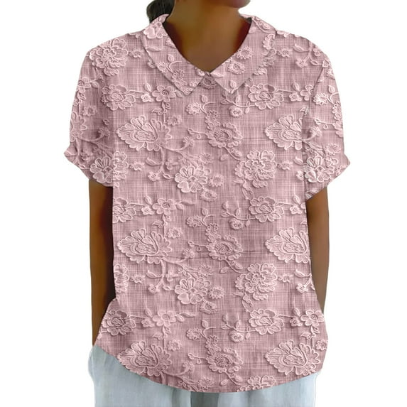 Dyfzdhu Blouses for Women Plus Size Casual Dressy Lapel Embroidered Floral Lace Printed Round Neck Button Loose Pullover Top Shirt T Shirt Summer Tops Pink