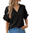 thumbnail image 1 of Dyfzdhu Blouses for Women Casual Dressy 2025 Summer Simple Solid Color Short Sleeve Ruffled V Neck Blouse Woman Tunic Tops Black, 1 of 9
