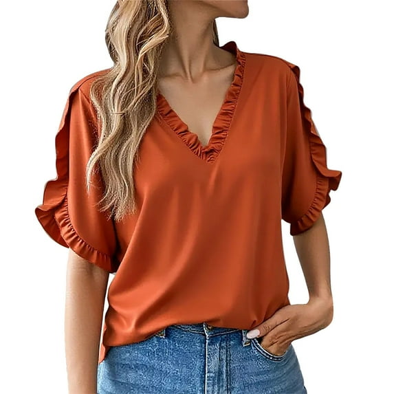 Dyfzdhu Blouses for Women Casual Dressy 2025 Summer Simple Solid Color Short Sleeve Ruffled V Neck Blouse Woman Tunic Tops Orange