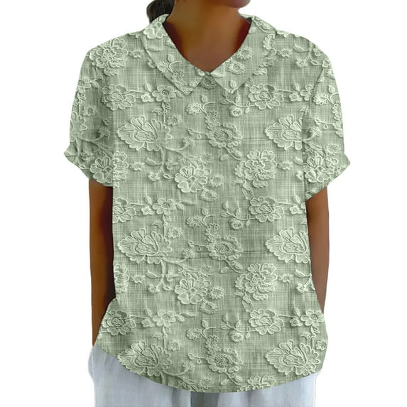Dyfzdhu Blouses for Women Casual Dressy Lapel Embroidered Floral Lace Printed Round Neck Button Loose Pullover Top Shirt T Shirt Summer Tops Green