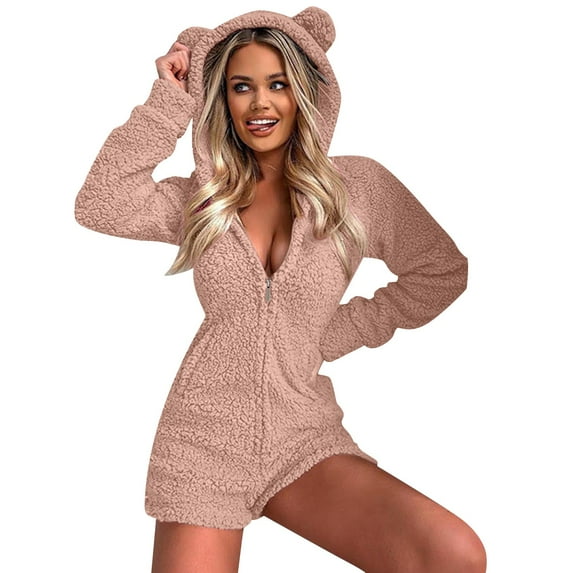 Dyfzdhu Bodysuits for Women Solid Color Hooded Long Sleeved Plush Jumpsuit Pink