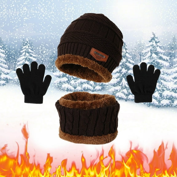 Dyfzdhu Boys Scarf Hat Three Piece Girls Knit Baby Windproof Warm Thicken Cap Gloves Winter Hats Brown