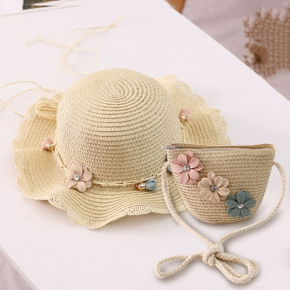 Dyfzdhu Bucket Hats Kids Children Girls Flower Lovely Sunshade Hat Straw Beach Sun Hat + Straw Bag